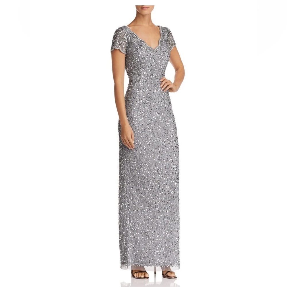 Adrianna Papell - Silver Sequin Beaded Formal Gown, Short Sleeve Maxi, Size 10